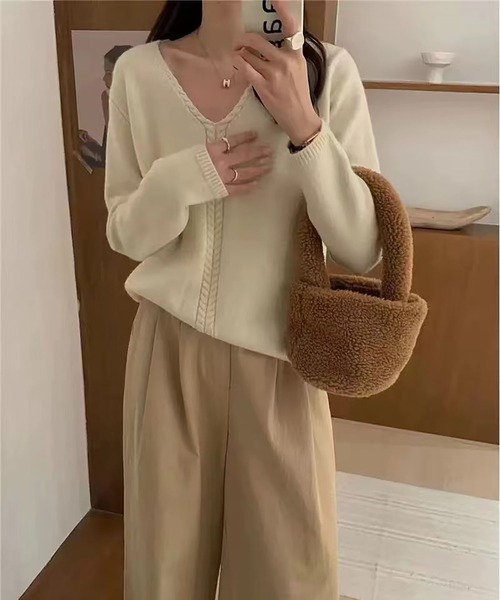 BLANC FICELLE ニット セーター ケーブル編み Vネック セーター