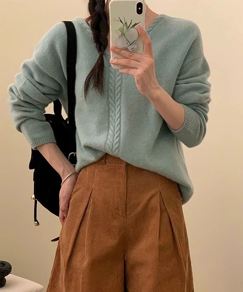 BLANC FICELLE ニット セーター ケーブル編み Vネック セーター