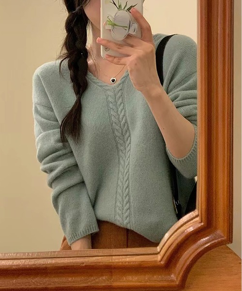 BLANC FICELLE ニット セーター ケーブル編み Vネック セーター