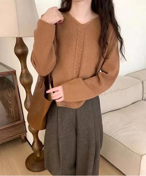 BLANC FICELLE ニット セーター ケーブル編み Vネック セーター