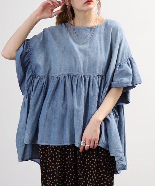 ブラウス シャツ A.N.L デニム染ギャザーシフォンブラウス 半端袖 レディースの画像