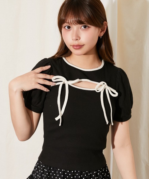 tシャツ 半袖 「リボンデザイン×肌見せ」カットソー／Y2K×フェミニン 