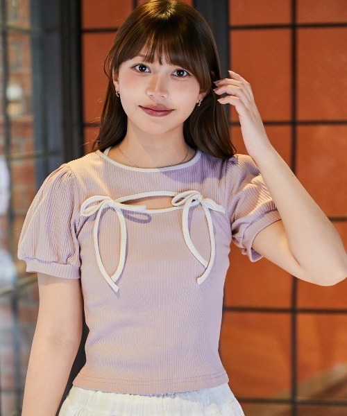 tシャツ 半袖 「リボンデザイン×肌見せ」カットソー／Y2K×フェミニン