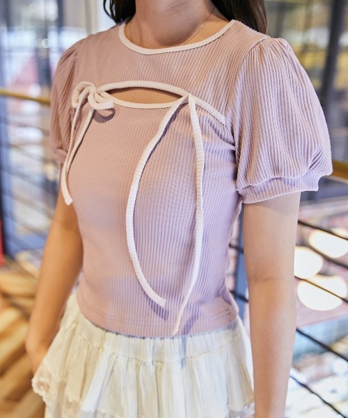 tシャツ 半袖 「リボンデザイン×肌見せ」カットソー／Y2K×フェミニン 