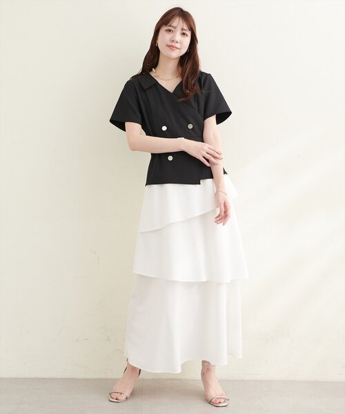 natural couture ワンピース 半袖 ゴールドボタンジャケットドッキング