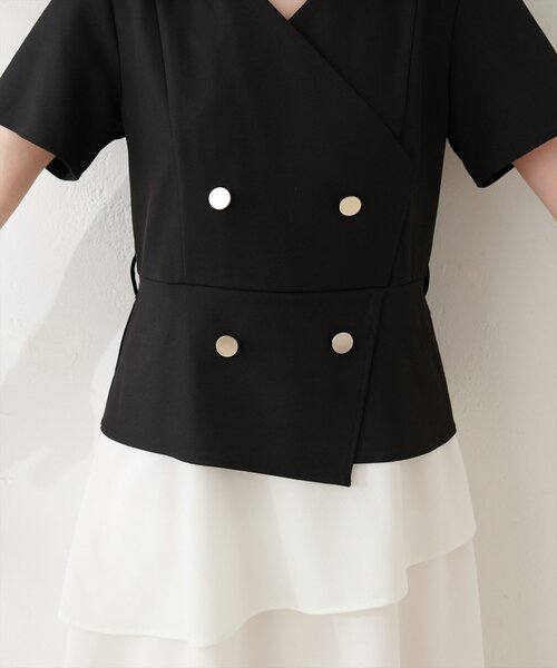 natural couture ワンピース 半袖 ゴールドボタンジャケットドッキング
