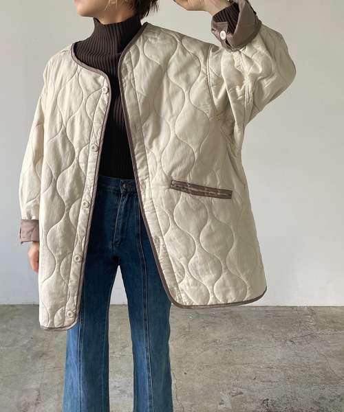 ジャケット ノーカラージャケット リップストップキルティングミドル