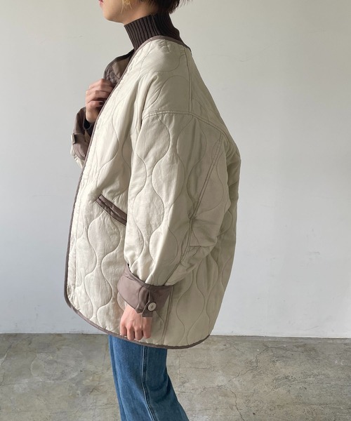 ジャケット ノーカラージャケット リップストップキルティングミドル