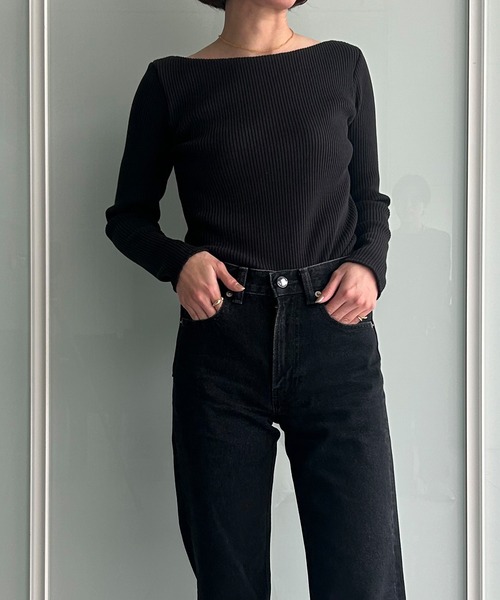 OUR WACOAL カップ付き　バックオープン　リブＴシャツ ブラック　M 黒 OUR WACOAL tシャツ カップ付きバックオープンリブTシャツ 長袖