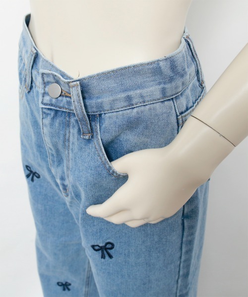 ジーンズ デニム デニムパンツ リボン刺しゅう ハイウエストストレート