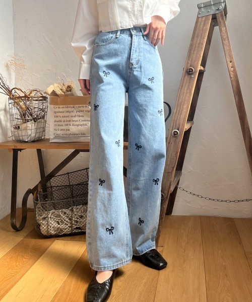 ジーンズ デニム デニムパンツ リボン刺しゅう ハイウエストストレート