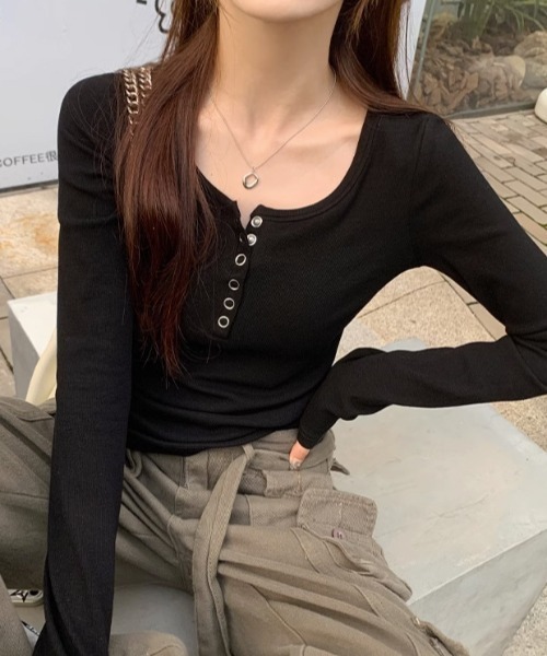 tシャツ ヘンリーネックT レディース ヘンリーネックニットボディースーツ(Tシャツ/カットソー