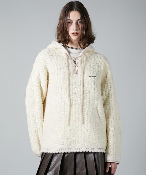 パーカー レースアップスラブフーディニット/Lace Up Slub Hoodie Knit レディース