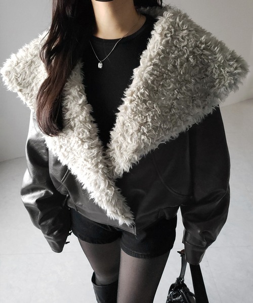 ムートンコート ボアコート 「 ２color 」ビッグカラーフェイクファームートンレザージャケット ／ big collar fake fur mo