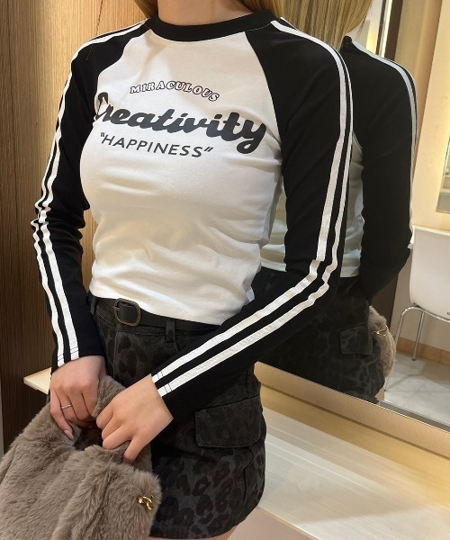 LETee tシャツ ラグラン袖プリントトップス/バイカラーロングスリーブ 