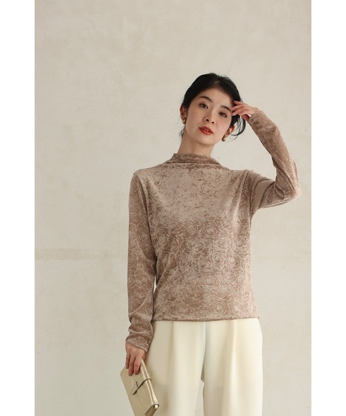 極美品　シルクウール　カットソー　シルバーラメ cawaii tシャツ 艶めくバラ柄シアーカットソートップス