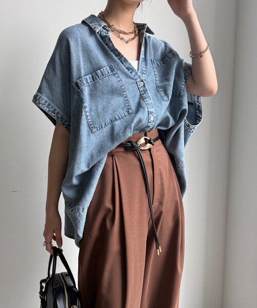 DOUDOU リヨセル デニム バック切替 シャツ ドッキング トップス DouDou（ドゥドゥ） ブラウス シャツ リヨセルデニムバック切替シャツ
