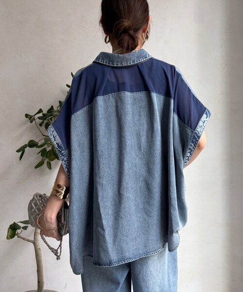 DouDou ブラウス シャツ リヨセルデニムバック切替シャツ