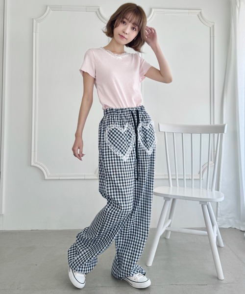 SOLLON.（ソルロン） パンツ レースハートドッキングギンガムチェック