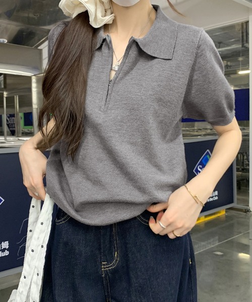 ニット セーター ジップアップポロ半袖ニット レディース : ZOZOTOWN