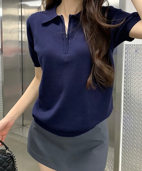 ニット セーター ジップアップポロ半袖ニット レディース : ZOZOTOWN