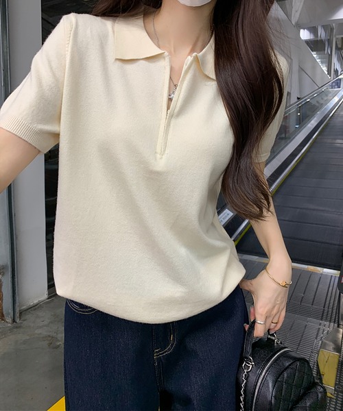 ニット セーター ジップアップポロ半袖ニット レディース : ZOZOTOWN