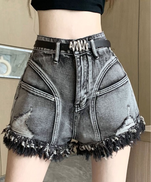 ジーンズ デニム デニムパンツ ベルト付き ダメージ ショートパンツ