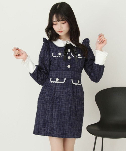 ナチュラルビューティー　ツイードリボンワンピース&ジャケット　ネイビー DearMyLove ワンピース ラメツイードリボンタイトワンピース