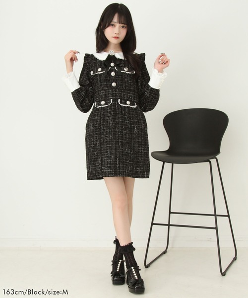 夢展望 DearMyLove ラメツイードリボンタイトワンピース ネイビー DearMyLove ワンピース ラメツイードリボンタイトワンピース