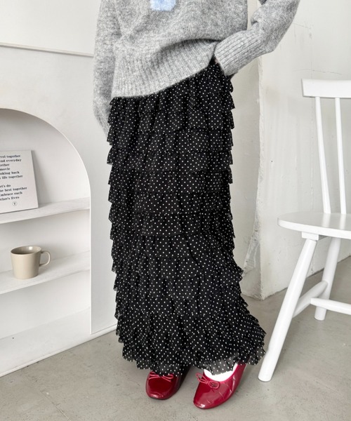 SOLLON.（ソルロン） スカート ドットフリフリボリュームロング