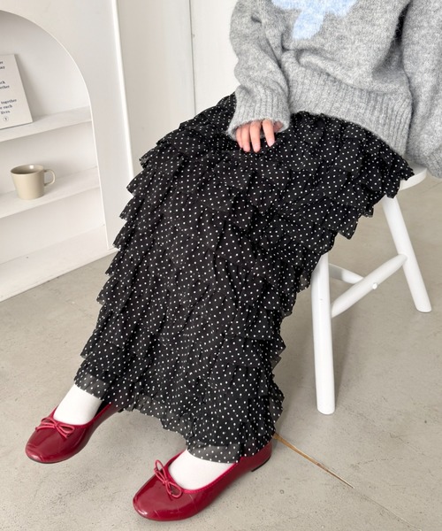 SOLLON.（ソルロン） スカート ドットフリフリボリュームロング