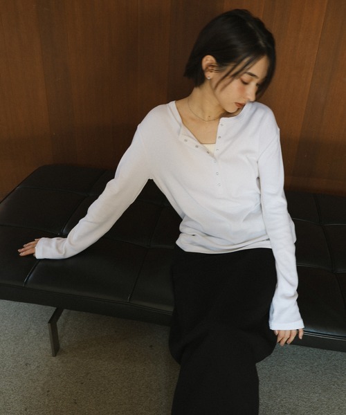 evernavy tシャツ テレコリブヘンリーネック長袖Tシャツ レディース