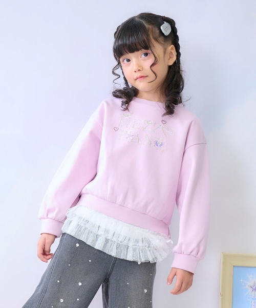 mezzo piano アンサンブル ラインストーンロゴトレーナー＆裾チュールT