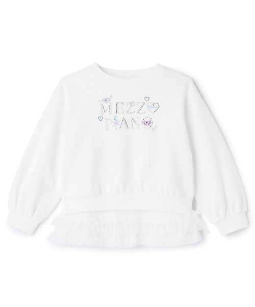 mezzo piano アンサンブル ラインストーンロゴトレーナー＆裾チュールT