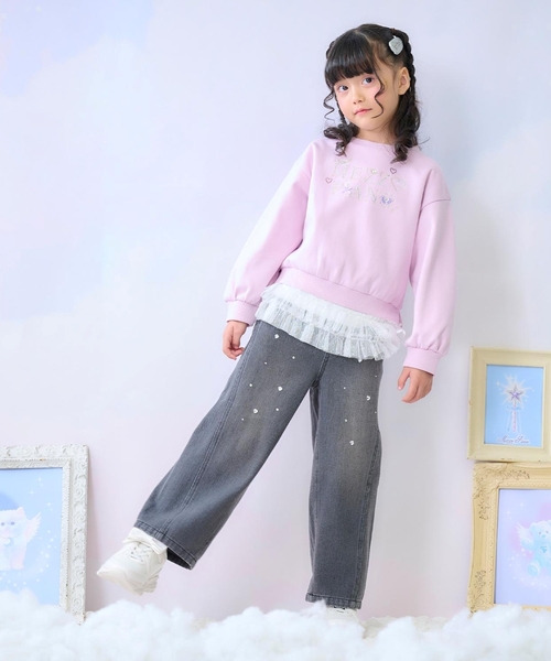 mezzo piano アンサンブル ラインストーンロゴトレーナー＆裾チュールT