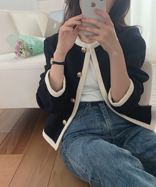 「LAUIR」 ノーカラージャケット LARGE ネイビー レディース_画像3