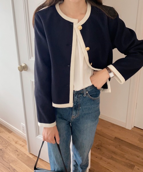 「LAUIR」 ノーカラージャケット LARGE ネイビー レディース_画像6