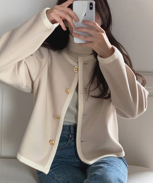 「LAUIR」 ノーカラージャケット LARGE ネイビー レディース_画像8