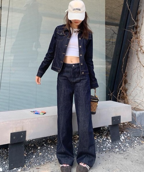 セットアップ ショートデニムジャケット ＋ ハイウエストワイドレッグ