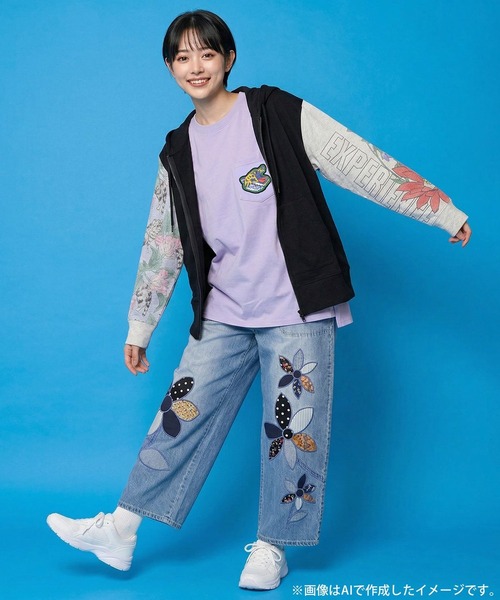 Scolar 花ネコ袖異素材切替パーカー ScoLar（スカラー） 花ネコ袖異素材切替パーカー （ブラック