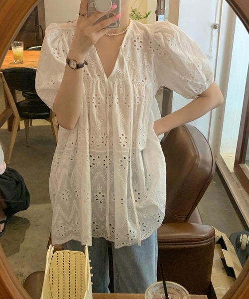 「shopnikoniko」 半袖ブラウス フリー ホワイト レディース_画像4