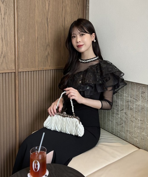 LEJA フリル付きブラックパーティードレス Leja（レジャ） パーティードレス ドレス 「LEJA」2WAYスパンコール