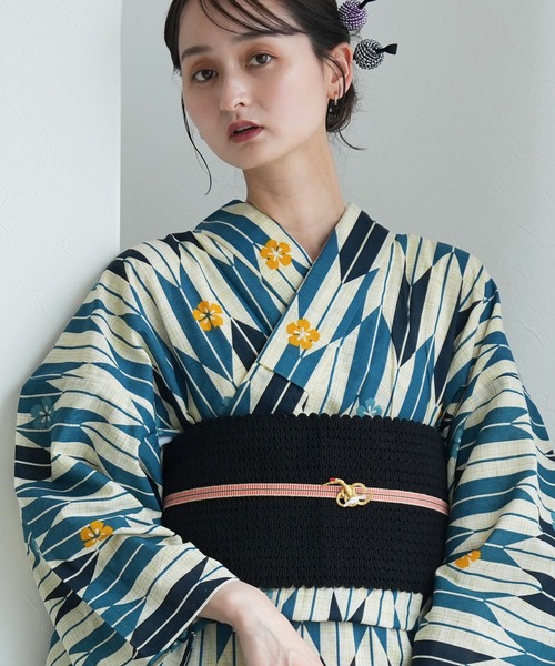 utatane 浴衣 浴衣3点セット 綿麻 先染めベージュ 鉄紺レトロ矢絣