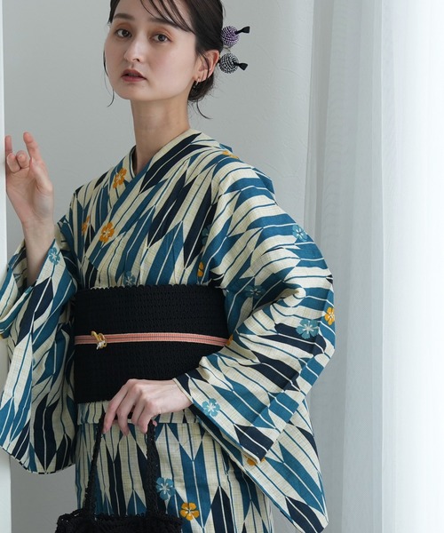 utatane 浴衣 浴衣3点セット 綿麻 先染めベージュ 鉄紺レトロ矢絣