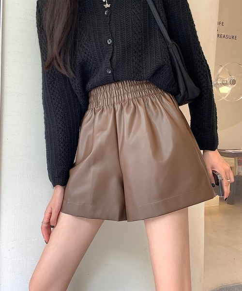 パンツ ウエストゴムフェイクレザーショートパンツ レディース