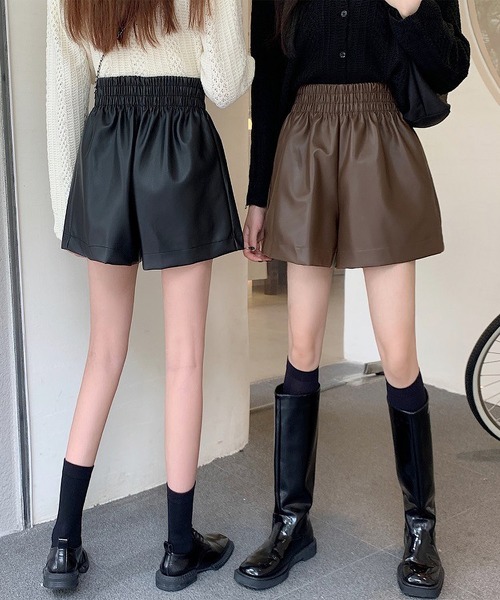 パンツ ウエストゴムフェイクレザーショートパンツ レディース