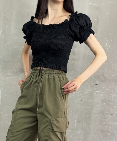 新品未使用　COLUMN フリル付き　黒　半袖　ブラウス　オフショルダー MIYU DESIGN】オフショルダーブラウス ｜ ブラウス フリル