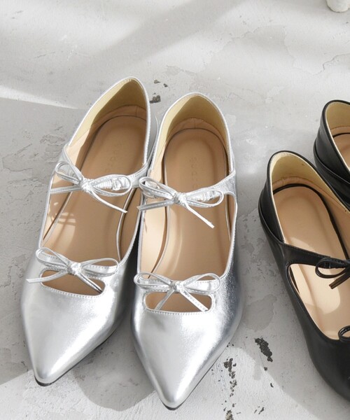 パンプス quaranciel: リボン ポインテッド トゥ フラット シューズ 美