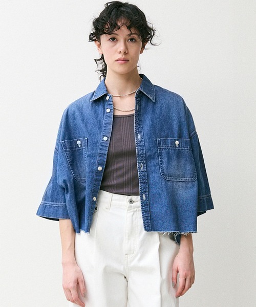 ブラウス シャツ デニムクロップドショートスリーブシャツ レディース