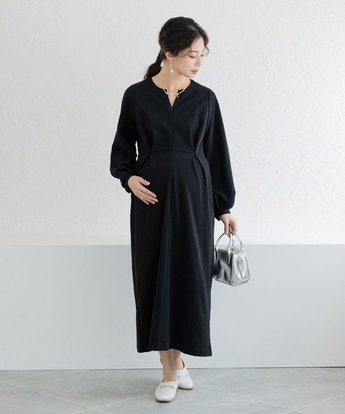 マタニティ 入学式 卒業式 Ｍｏｒｅｄｄｅ　マタニティ・産後使える　授乳が簡単　上品キーネックのワンピースの画像